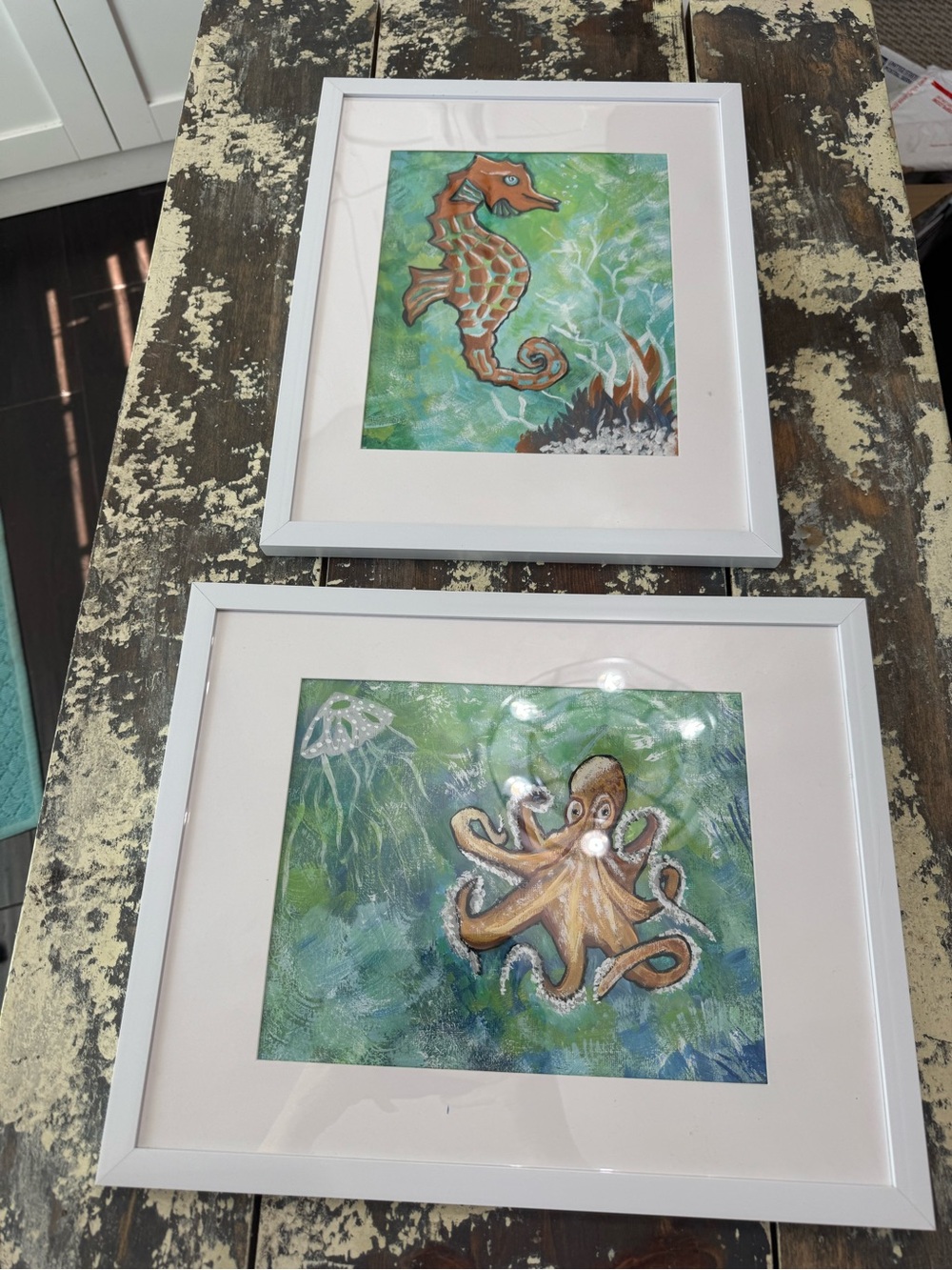 🐙Framed Sea Life Wall Art Pair Seahorse & Octopus Prints🪼